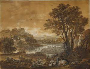 Landschaft mit ruhenden Hirten unter einem Baum bei einem Wasserfall